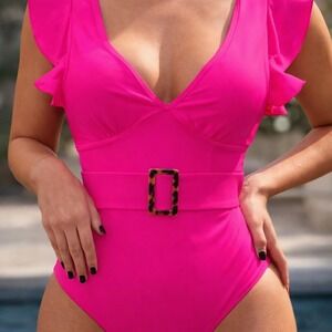 AVANOVA Hot Pink Ruffle One Piece Swimsuit Belted Size‎ M NWOT